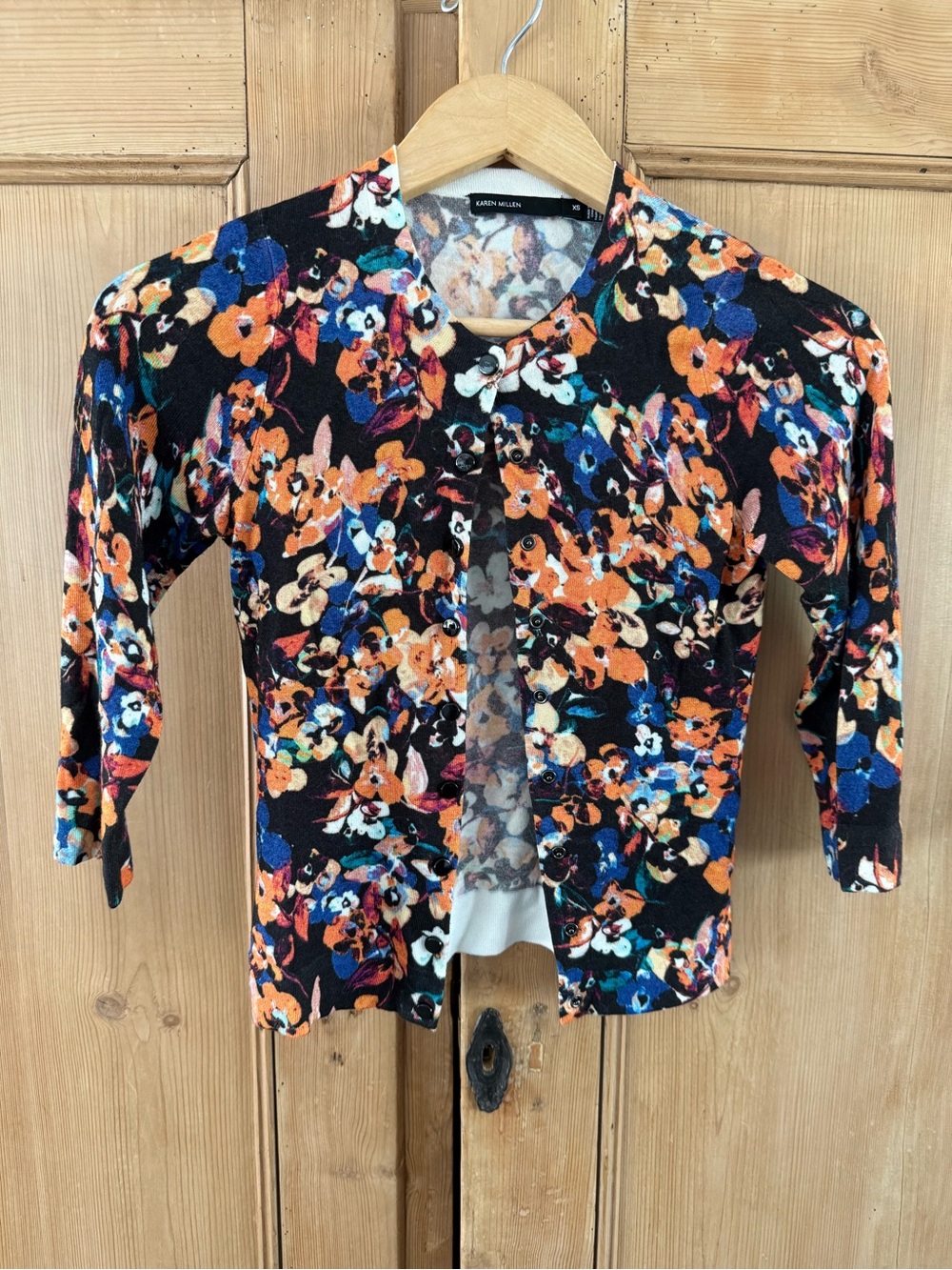 Karen Millen Black Floral Button-Up Cardigan with Orange & Blue Blooms